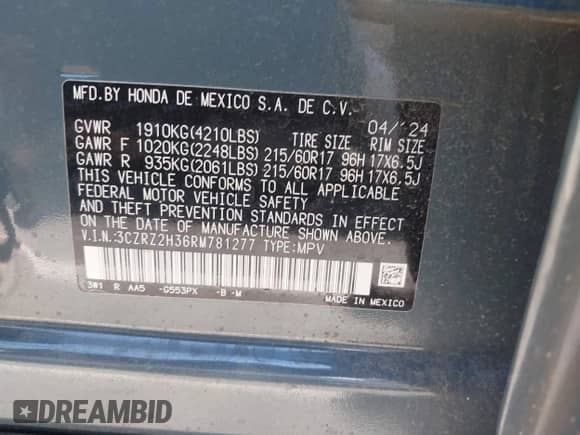 2024 Honda HR-V LX with VIN 3CZRZ2H36RM781277, listed as a IAAI auction lot 43162396 with 19,899 mi miles and . Bid and sale history available at DreamBid. Image 9.