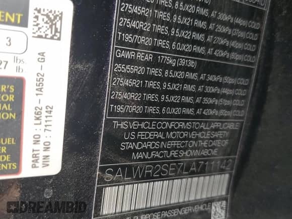 2020 Land Rover Range Rover Sport HSE Dynamic с VIN SALWR2SE7LA711142, выставлен на аукционе Copart как лот 50208315 с пробегом Не указан миль и На запчасти • Non repairable. История ставок и продаж доступна на DreamBid. Изображение 14.