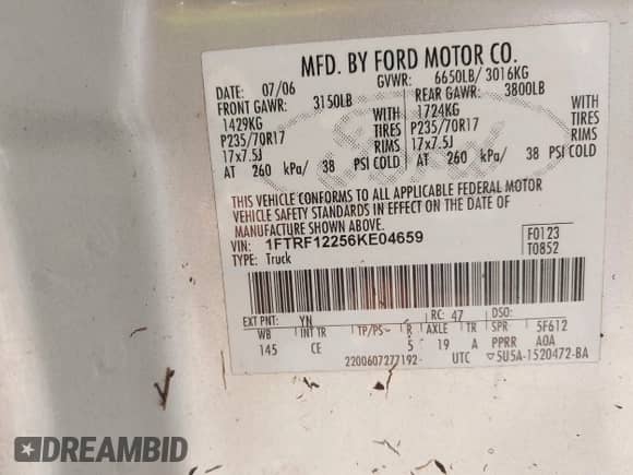 2006 Ford F-150 XL z VIN 1FTRF12256KE04659, wystawiony jako IAAI lot #43419746 z przebiegiem Nie podano mil oraz . Historia ofert i sprzedaży dostępna na DreamBid. Obrazek 9.