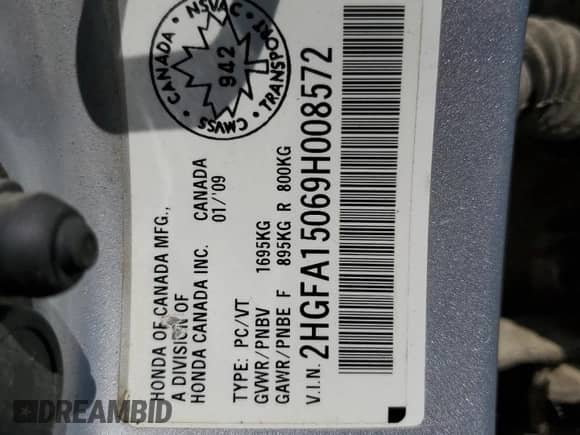 2009 Honda Civic with VIN 2HGFA15069H008572, listed as a Copart auction lot 63669105 with 312,468 mi miles and Salvage title. Bid and sale history available at DreamBid. Image 13.