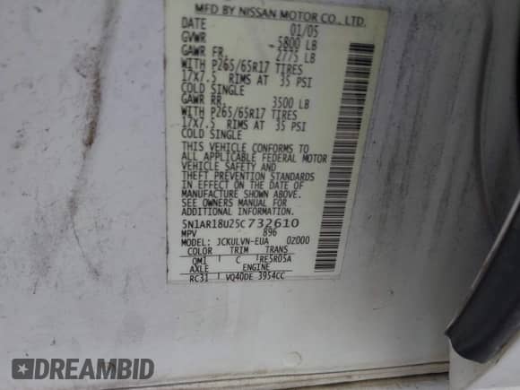 2005 Nissan Pathfinder LE z VIN 5N1AR18U25C732610, wystawiony jako IAAI lot #42480599 z przebiegiem 266 668 mil mil oraz . Historia ofert i sprzedaży dostępna na DreamBid. Obrazek 9.