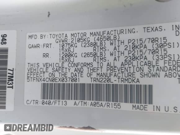 2014 Toyota Tacoma with VIN 5TFNX4CN0EX037001, listed as a IAAI auction lot 43416705 with 274,630 mi miles and . Bid and sale history available at DreamBid. Image 9.
