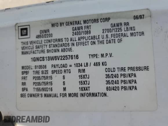 1997 Chevrolet Blazer LS with VIN 1GNCS13W6V2257616, listed as a Copart auction lot 66041074 with 141,046 mi miles and Salvage title. Bid and sale history available at DreamBid. Image 13.