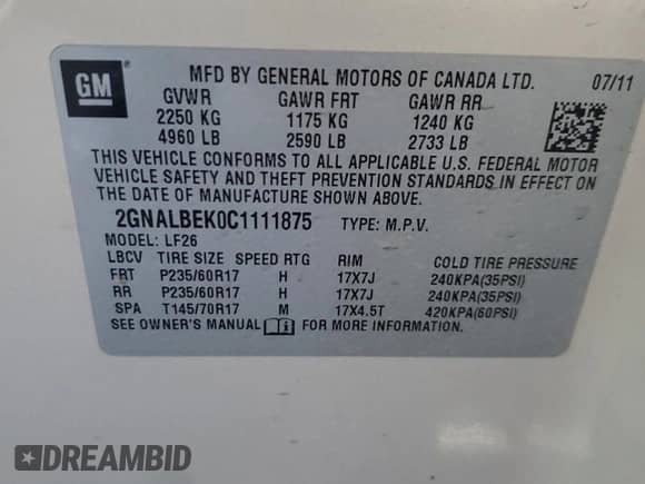 2012 Chevrolet Equinox LS with VIN 2GNALBEK0C1111875, listed as a Copart auction lot 84708325 with 242,908 mi miles and Salvage title. Bid and sale history available at DreamBid. Image 13.