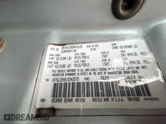 2001 Dodge Dakota с VIN 1B7GL22X81S342572, выставлен на аукционе Copart как лот 63709095 с пробегом 224 932 миль миль и Чистый • Clean title. История ставок и продаж доступна на DreamBid. Изображение 10.