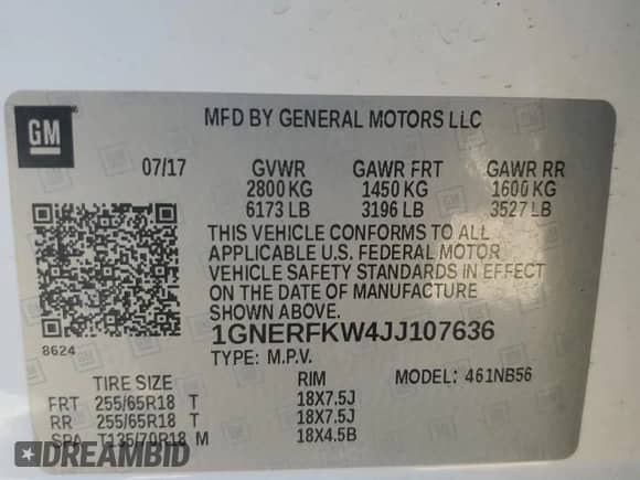 2018 Chevrolet Traverse LS с VIN 1GNERFKW4JJ107636, выставлен на аукционе Copart как лот 84121034 с пробегом 84 302 миль миль и На запчасти • Non repairable. История ставок и продаж доступна на DreamBid. Изображение 13.