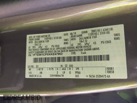 2019 Ford F-150 XL с VIN 1FTEW1CPXKKE47963, выставлен на аукционе IAAI как лот 43314236 с пробегом 171 594 миль миль и . История ставок и продаж доступна на DreamBid. Изображение 9.