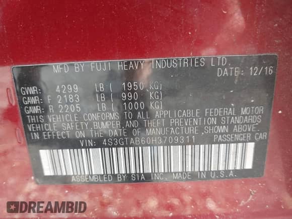 2017 Subaru Impreza Premium with VIN 4S3GTAB60H3709311, listed as a IAAI auction lot 42505531 with 129,835 mi miles and . Bid and sale history available at DreamBid. Image 9.