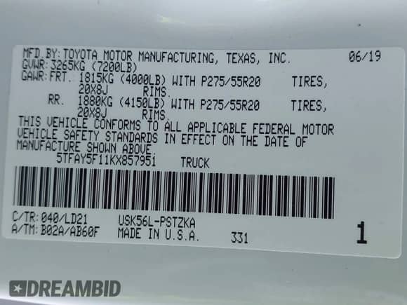 2019 Toyota Tundra SR5 с VIN 5TFAY5F11KX857951, выставлен на аукционе IAAI как лот 41149534 с пробегом 48 955 миль миль и . История ставок и продаж доступна на DreamBid. Изображение 9.