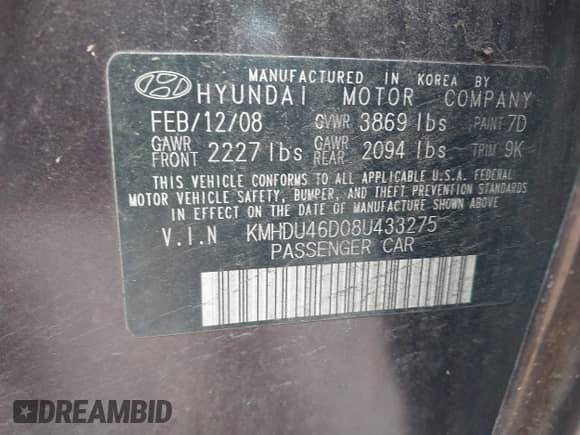 2008 Hyundai Elantra GLS с VIN KMHDU46D08U433275, выставлен на аукционе IAAI как лот 43525808 с пробегом 107 721 миль миль и . История ставок и продаж доступна на DreamBid. Изображение 9.