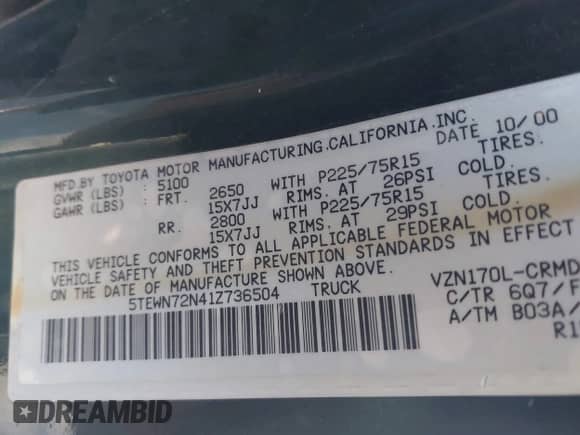 2001 Toyota Tacoma с VIN 5TEWN72N41Z736504, выставлен на аукционе IAAI как лот 43294177 с пробегом 269 458 миль миль и . История ставок и продаж доступна на DreamBid. Изображение 9.