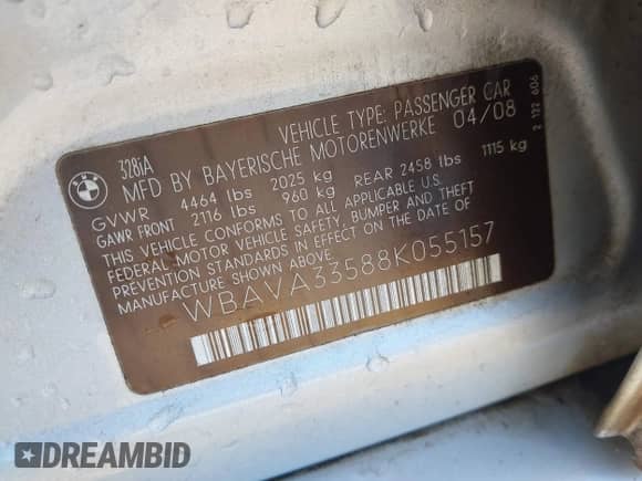 2008 BMW 3 Series 328i z VIN WBAVA33588K055157, wystawiony jako IAAI lot #43455795 z przebiegiem 232 352 mil mil oraz . Historia ofert i sprzedaży dostępna na DreamBid. Obrazek 9.