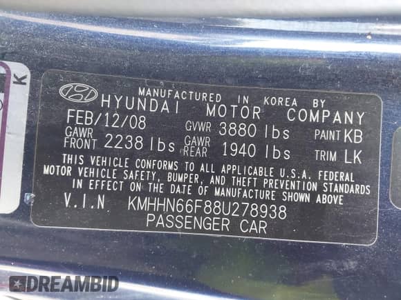 2008 Hyundai Tiburon GT with VIN KMHHN66F88U278938, listed as a IAAI auction lot 41490527 with 200,669 mi miles and . Bid and sale history available at DreamBid. Image 9.