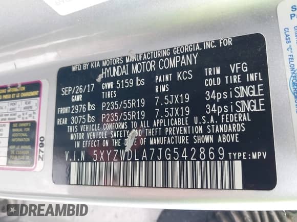 2018 Hyundai Santa Fe Ultimate with VIN 5XYZWDLA7JG542869, listed as a IAAI auction lot 41889520 with 51,294 mi miles and . Bid and sale history available at DreamBid. Image 9.