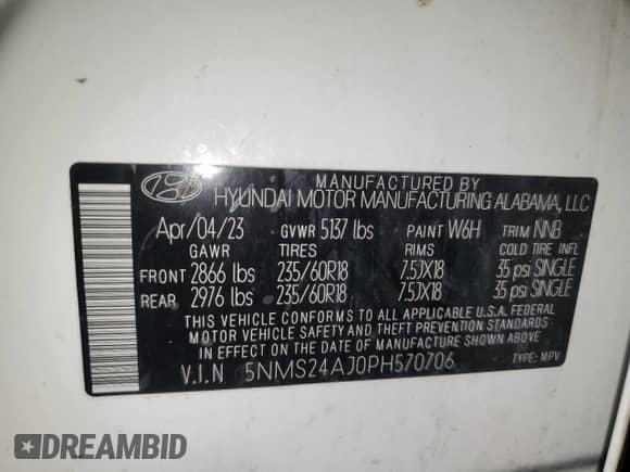 2023 Hyundai Santa Fe SEL с VIN 5NMS24AJ0PH570706, выставлен на аукционе Copart как лот 87243955 с пробегом 121 598 миль миль и Чистый • Clean title. История ставок и продаж доступна на DreamBid. Изображение 14.