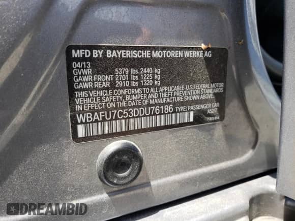 2013 BMW 5 Series 535i xDrive с VIN WBAFU7C53DDU76186, выставлен на аукционе Copart как лот 65858215 с пробегом 161 108 миль миль и Чистый • Clean title. История ставок и продаж доступна на DreamBid. Изображение 12.