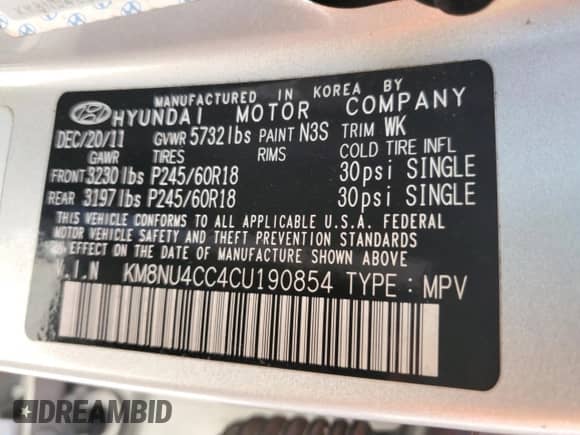 2012 Hyundai Veracruz Limited с VIN KM8NU4CC4CU190854, выставлен на аукционе Copart как лот 66267085 с пробегом 123 955 миль миль и Списание • Salvage title. История ставок и продаж доступна на DreamBid. Изображение 13.