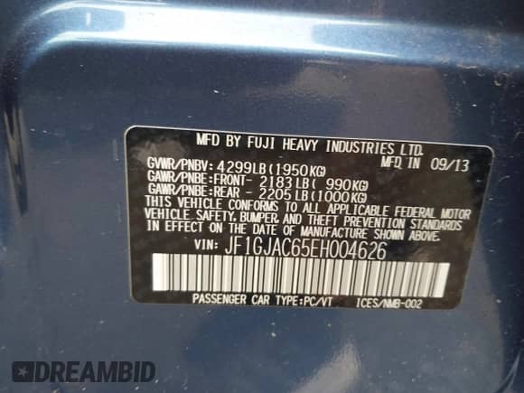 2014 Subaru Impreza Premium с VIN JF1GJAC65EH004626, выставлен на аукционе IAAI как лот 42719348 с пробегом 74 521 миль миль и . История ставок и продаж доступна на DreamBid. Изображение 9.