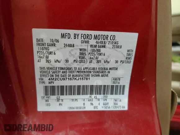 2007 Mercury Mariner Premier with VIN 4M2CU97167KJ15781, listed as a Copart auction lot 68884905 with 136,498 mi miles and Clean title. Bid and sale history available at DreamBid. Image 13.