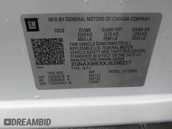 2018 Chevrolet Equinox Premier с VIN 2GNAXWEXXJ6296217, выставлен на аукционе IAAI как лот 42986027 с пробегом 54 709 миль миль и . История ставок и продаж доступна на DreamBid. Изображение 9.