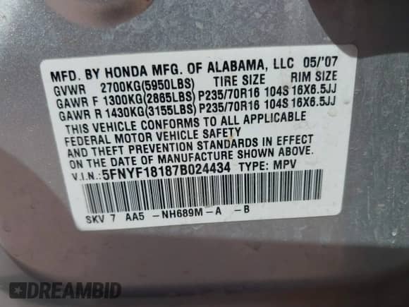 2007 Honda Pilot LX с VIN 5FNYF18187B024434, выставлен на аукционе IAAI как лот 43177913 с пробегом 227 172 миль миль и . История ставок и продаж доступна на DreamBid. Изображение 9.