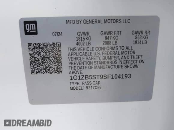 2025 Chevrolet Malibu LS with VIN 1G1ZB5ST9SF104193, listed as a IAAI auction lot 43085693 with 4,318 mi miles and . Bid and sale history available at DreamBid. Image 9.