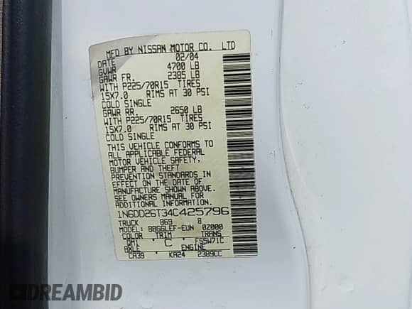 2004 Nissan Frontier XE with VIN 1N6DD26T34C425796, listed as a IAAI auction lot 43154982 with 151,548 mi miles and . Bid and sale history available at DreamBid. Image 9.