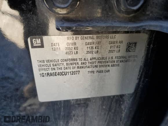 2012 Chevrolet Volt с VIN 1G1RA6E40CU112077, выставлен на аукционе Copart как лот 86715515 с пробегом 206 884 миль миль и Чистый • Clean title. История ставок и продаж доступна на DreamBid. Изображение 12.