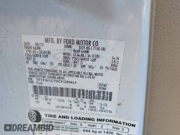 2012 Ford F-150 Lariat с VIN 1FTFW1CT0CFC89421, выставлен на аукционе IAAI как лот 43536021 с пробегом 92 343 миль миль и . История ставок и продаж доступна на DreamBid. Изображение 9.