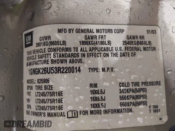 2003 Chevrolet Suburban LT с VIN 1GNGK26U53R220014, выставлен на аукционе IAAI как лот 42502791 с пробегом 165 905 миль миль и . История ставок и продаж доступна на DreamBid. Изображение 9.