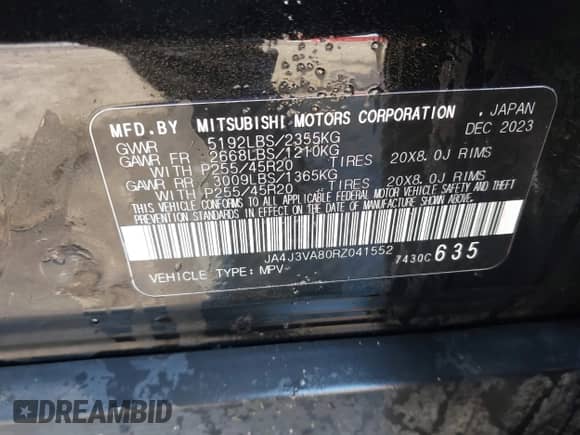 2024 Mitsubishi Outlander SE with VIN JA4J3VA80RZ041552, listed as a IAAI auction lot 41976603 with 13,512 mi miles and . Bid and sale history available at DreamBid. Image 9.