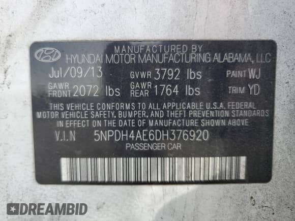 2013 Hyundai Elantra GLS z VIN 5NPDH4AE6DH376920, wystawiony jako Copart lot #84057955 z przebiegiem 241 791 mil mil oraz Szkoda całkowita • Salvage title. Historia ofert i sprzedaży dostępna na DreamBid. Obrazek 13.