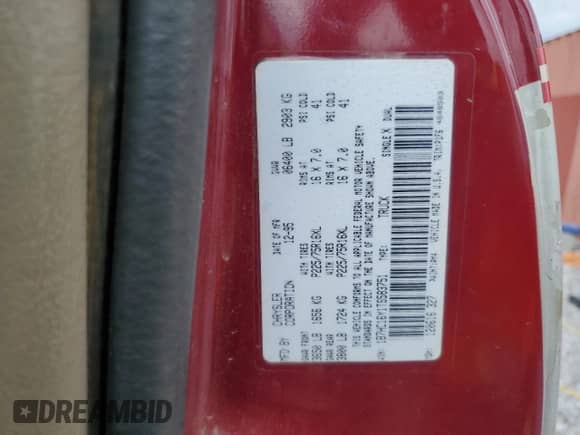 1996 Dodge 1500 with VIN 1B7HC16Y1TS583751, listed as a Copart auction lot 68501595 with 91,843 mi miles and Salvage title. Bid and sale history available at DreamBid. Image 12.
