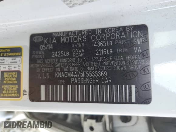 2015 Kia Optima LX with VIN KNAGM4A75F5535369, listed as a Copart auction lot 81656655 with 257,158 mi miles and Salvage title. Bid and sale history available at DreamBid. Image 12.