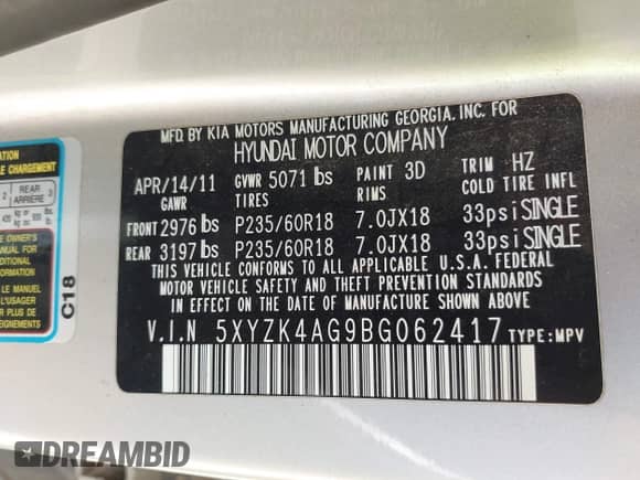 2011 Hyundai Santa Fe Limited с VIN 5XYZK4AG9BG062417, выставлен на аукционе IAAI как лот 42690514 с пробегом 173 550 миль миль и . История ставок и продаж доступна на DreamBid. Изображение 9.