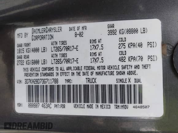 2003 Dodge 2500 ST с VIN 3D7KA28D73G711788, выставлен на аукционе IAAI как лот 42847821 с пробегом 260 185 миль миль и . История ставок и продаж доступна на DreamBid. Изображение 9.