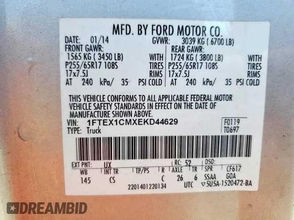 2014 Ford F-150 STX with VIN 1FTEX1CMXEKD44629, listed as a Copart auction lot 70830235 with 55,781 mi miles and Salvage title. Bid and sale history available at DreamBid. Image 14.