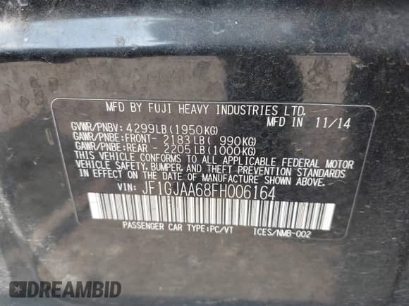 2015 Subaru Impreza z VIN JF1GJAA68FH006164, wystawiony jako IAAI lot #41965879 z przebiegiem 170 938 mil mil oraz . Historia ofert i sprzedaży dostępna na DreamBid. Obrazek 9.