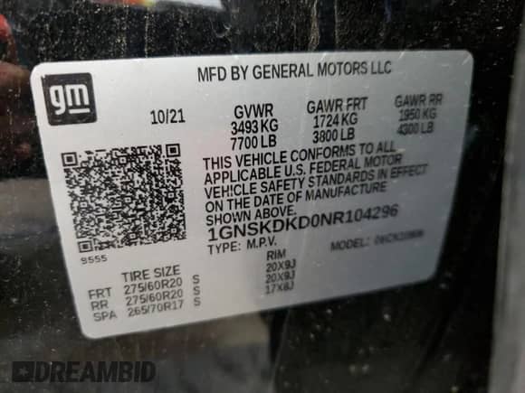 2022 Chevrolet Suburban Z71 with VIN 1GNSKDKD0NR104296, listed as a Copart auction lot 62357145 with 42,285 mi miles and Salvage title. Bid and sale history available at DreamBid. Image 13.