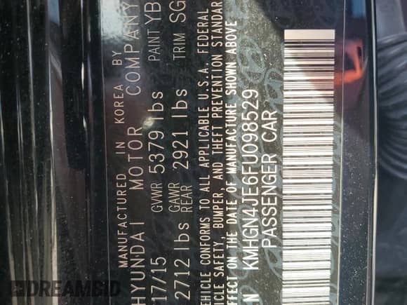 2015 Hyundai Genesis 3.8L with VIN KMHGN4JE6FU098529, listed as a Copart auction lot 76175104 with Not provided miles and Salvage title. Bid and sale history available at DreamBid. Image 13.