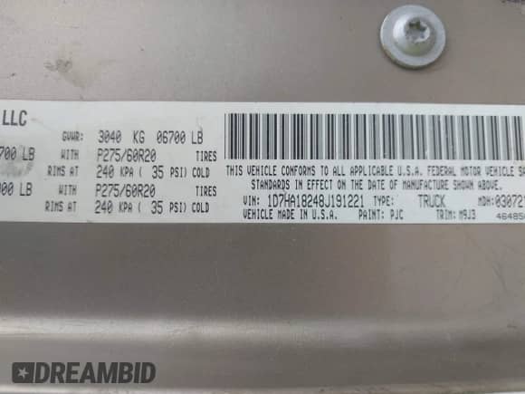 2008 Dodge 1500 SLT with VIN 1D7HA18248J191221, listed as a IAAI auction lot 42735557 with 199,945 mi miles and . Bid and sale history available at DreamBid. Image 9.