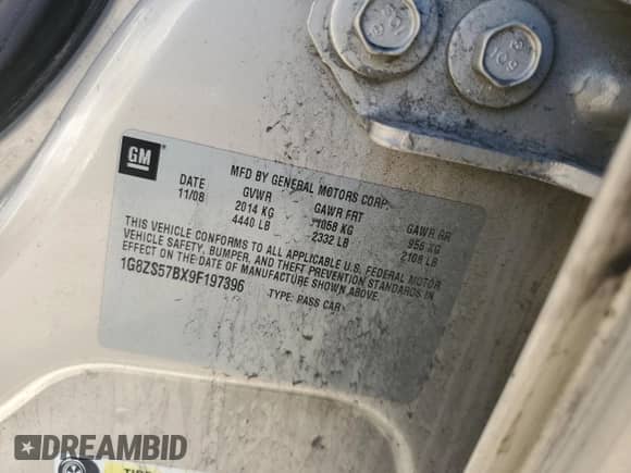 2009 Saturn Aura XE with VIN 1G8ZS57BX9F197396, listed as a Copart auction lot 86302015 with 277,639 mi miles and Salvage title. Bid and sale history available at DreamBid. Image 12.