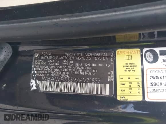 2007 BMW 3 Series 328i with VIN WBAWB33597PV71577, listed as a IAAI auction lot 41368831 with 217,639 mi miles and . Bid and sale history available at DreamBid. Image 9.