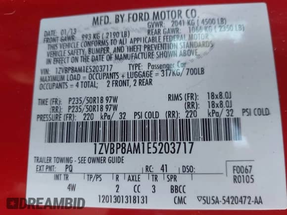 2014 Ford Mustang Premium with VIN 1ZVBP8AM1E5203717, listed as a IAAI auction lot 43550488 with 106,905 mi miles and . Bid and sale history available at DreamBid. Image 9.