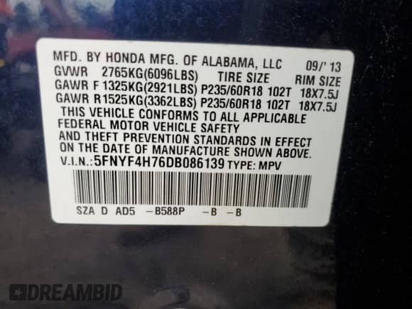2013 Honda Pilot EX-L with VIN 5FNYF4H76DB086139, listed as a Copart auction lot 82068955 with 154,240 mi miles and Salvage title. Bid and sale history available at DreamBid. Image 13.