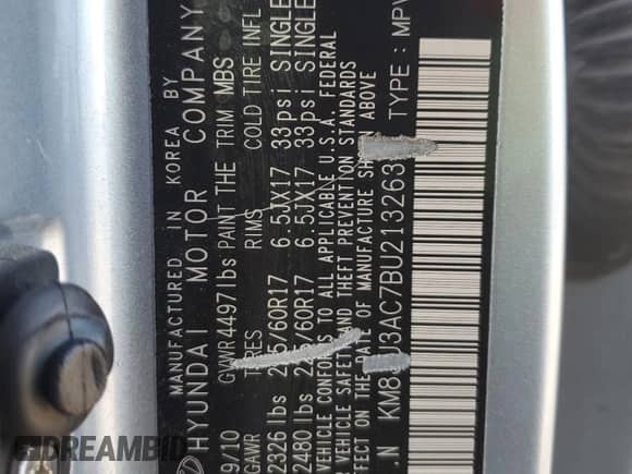 2011 Hyundai Tucson Limited with VIN KM8JU3AC7BU213263, listed as a Copart auction lot 52646455 with 165,236 mi miles and Salvage title. Bid and sale history available at DreamBid. Image 13.