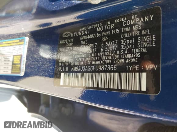 2015 Hyundai Tucson SE with VIN KM8JU3AG6FU987366, listed as a IAAI auction lot 42775890 with 84,499 mi miles and . Bid and sale history available at DreamBid. Image 9.