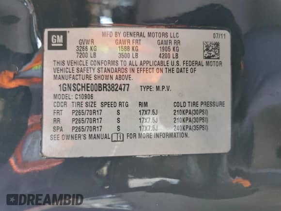 2011 Chevrolet Suburban LS с VIN 1GNSCHE00BR382477, выставлен на аукционе Copart как лот 54735175 с пробегом 117 498 миль миль и Списание • Salvage title. История ставок и продаж доступна на DreamBid. Изображение 13.