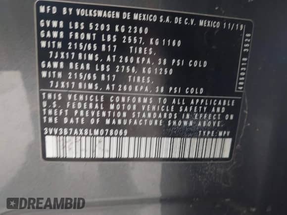 2020 Volkswagen Tiguan SE with VIN 3VV3B7AX8LM078069, listed as a IAAI auction lot 43453635 with 50,222 mi miles and . Bid and sale history available at DreamBid. Image 9.