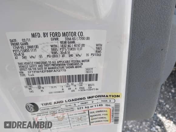 2011 Ford F-150 XL with VIN 1FTFW1EF5BFA72775, listed as a IAAI auction lot 42586396 with 298,466 mi miles and . Bid and sale history available at DreamBid. Image 9.